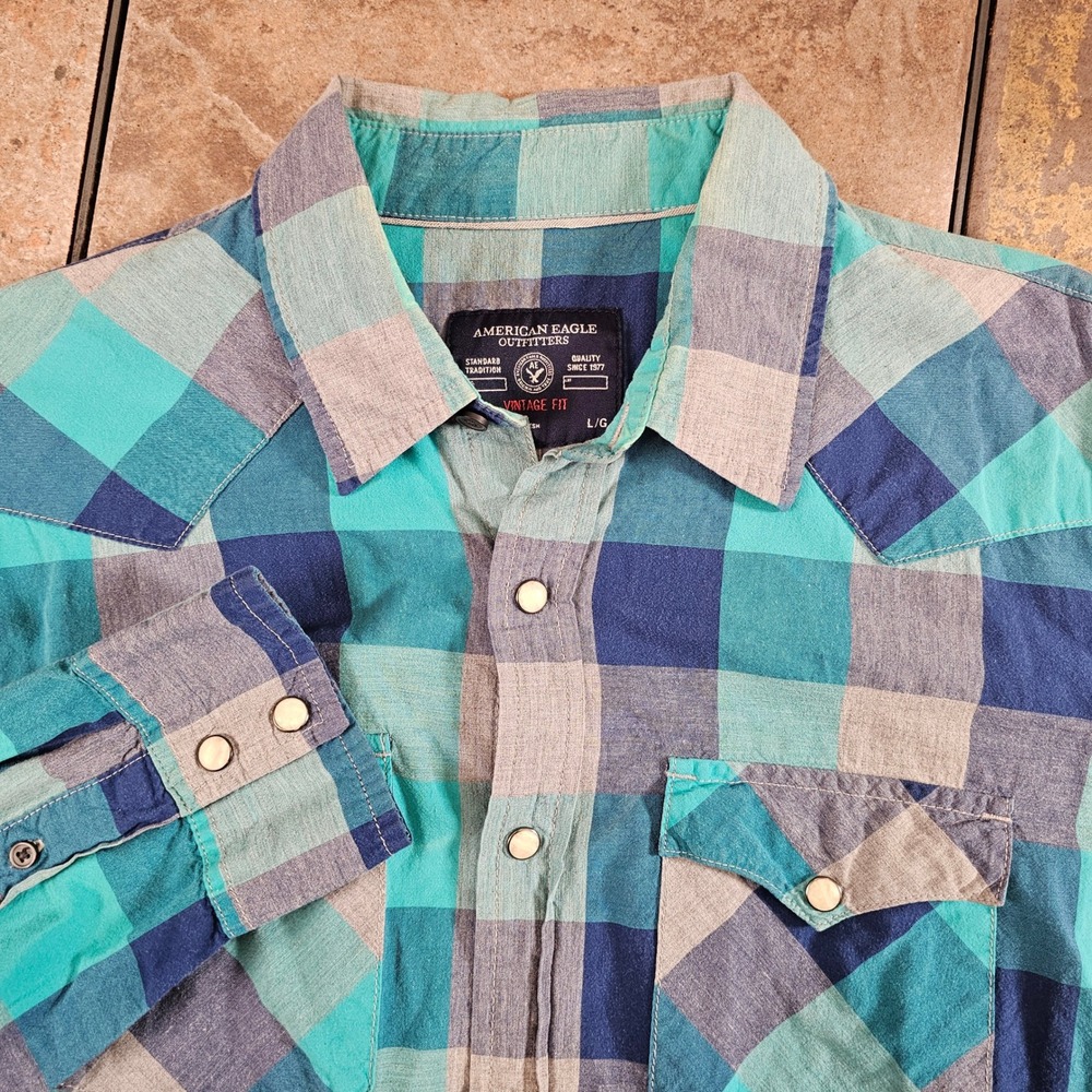 American Eagle Outfitters Plaid Long Sleeve Pearl Snap Western Shirt Men's L - Picture 8 of 8